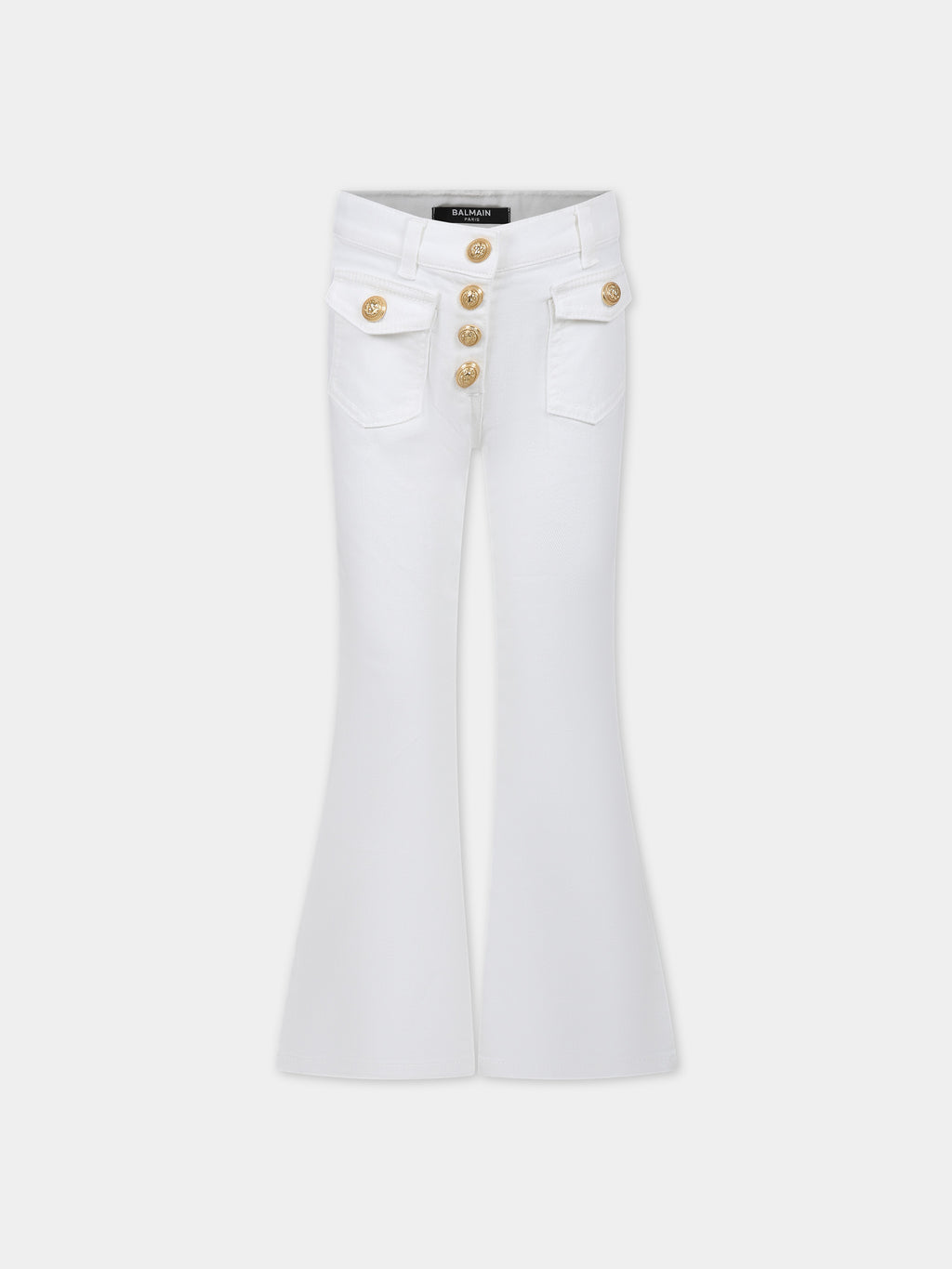 White jeans for girl with gold buttons